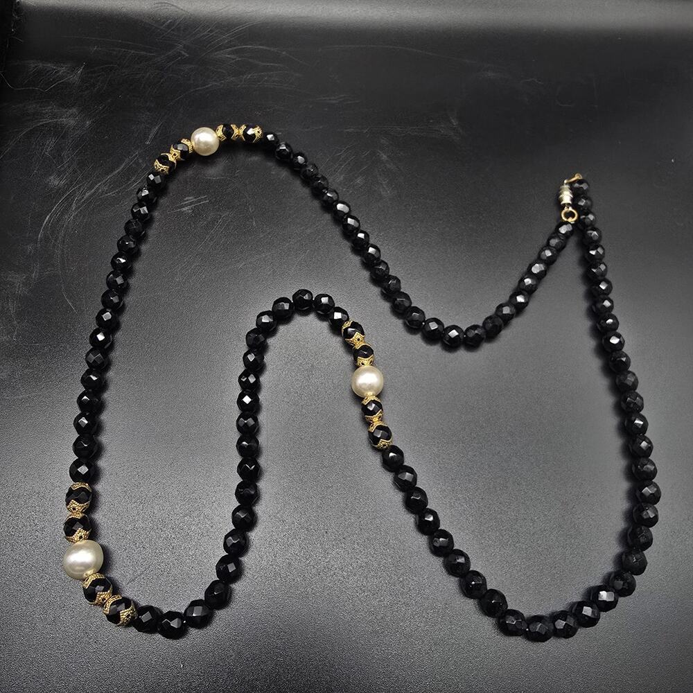 Black Glass Faux Pearl Beaded Necklace 36 Inch Vintage Jewelry - Picture 4 of 8